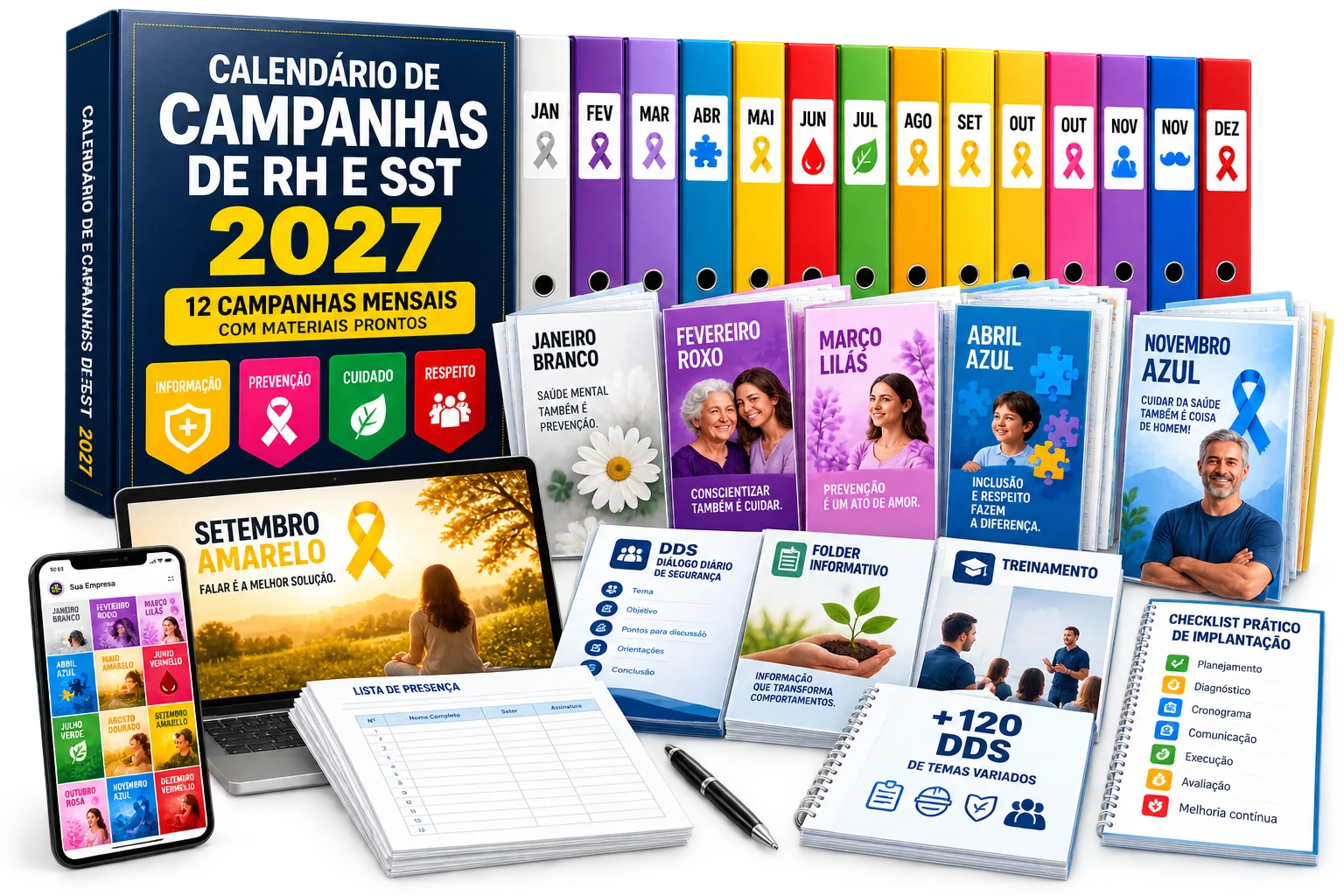 Mockup do Calendário de Campanhas de RH e SST 2027 com as 12 campanhas mensais e materiais